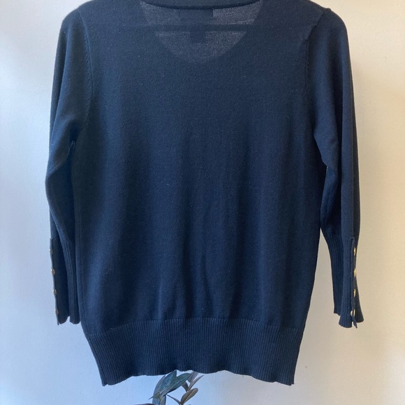 Carmen Marc Valvo Black Sweater w/ Gold Buttons, Scoop neck, 3/4 Sleeve - Small - Picture 2 of 7